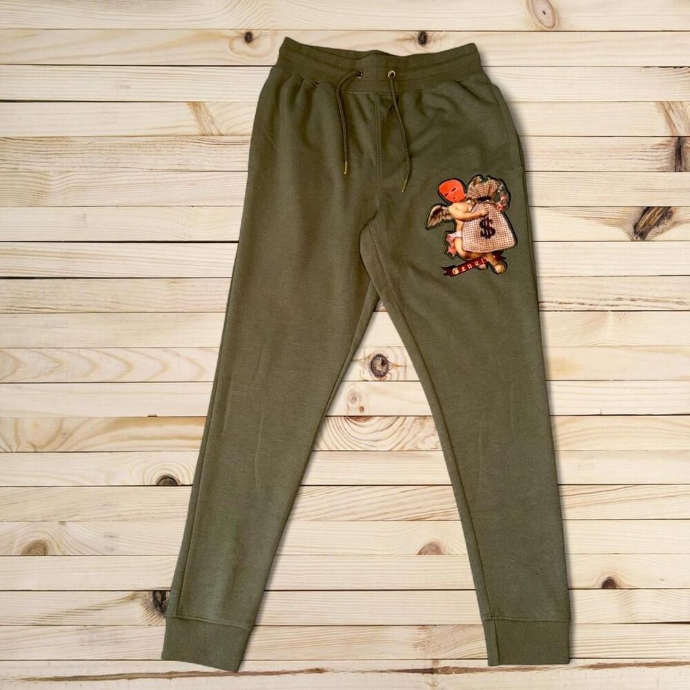 Genuine Cherub Embroidered Sweatpants Olive Green Angel‎ Money Joggers Size S